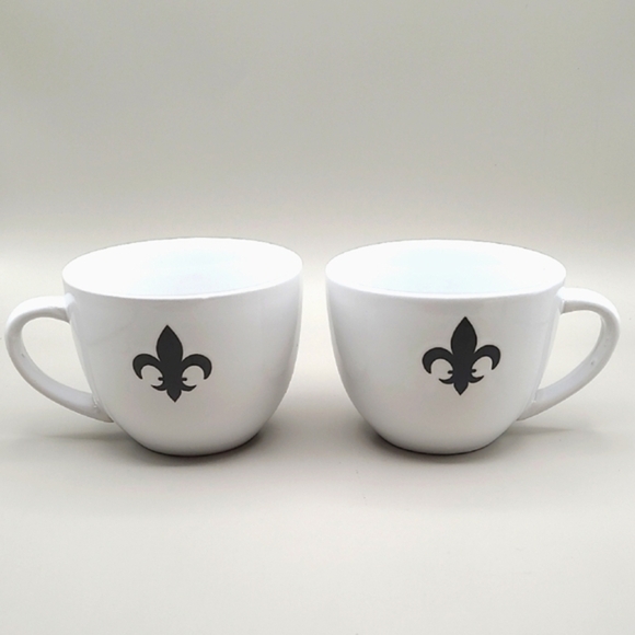 White Mugs with a Classic Black Fleur-de-lis, Set of 2 - Picture 1 of 6